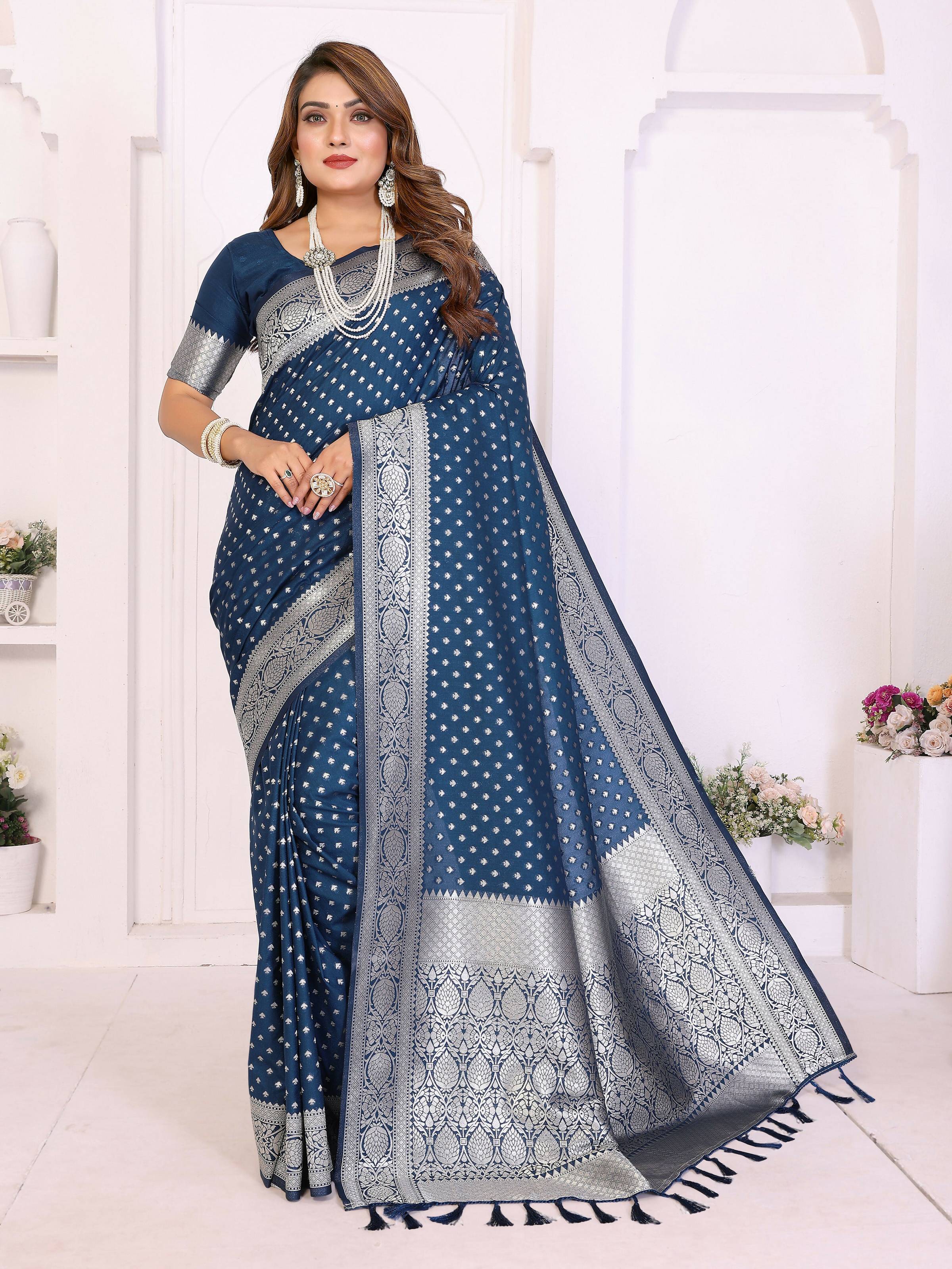 Navy blue georgette silk saree with golden zari weaving patterns