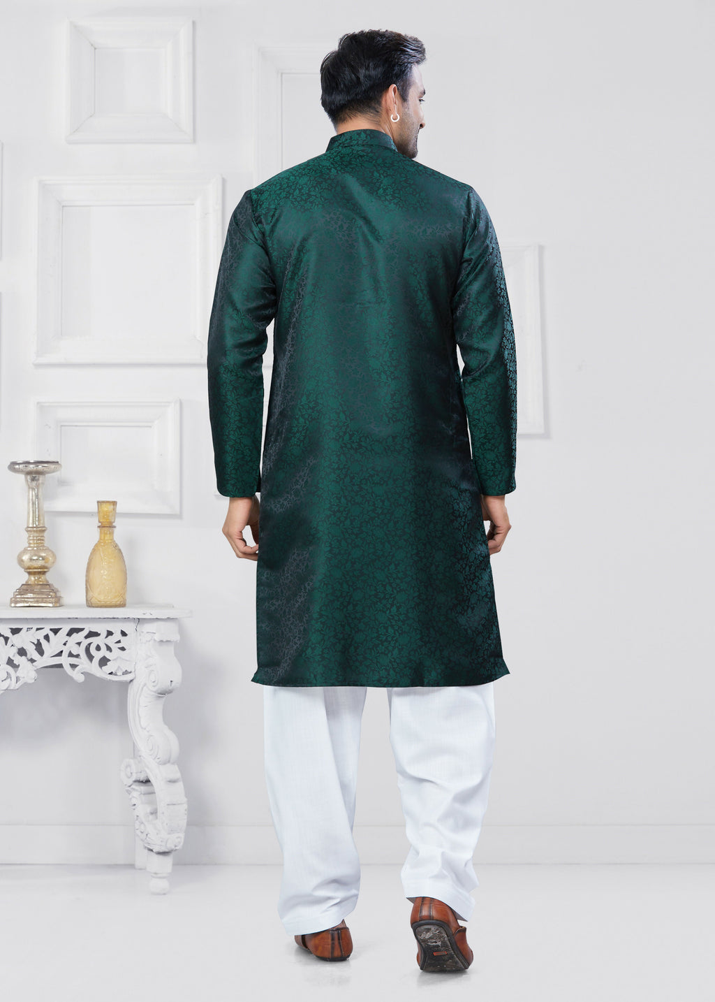 Boys Green Jacquard Silk Printed Kurta Pyjama Festive Set