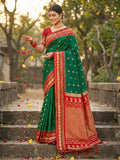 Beautiful green soft silk saree with a smooth finish and matching blouse