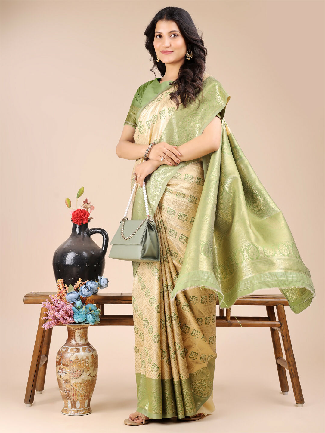 Cream and Light Green Banarasi Silk Saree - Traditional Draping