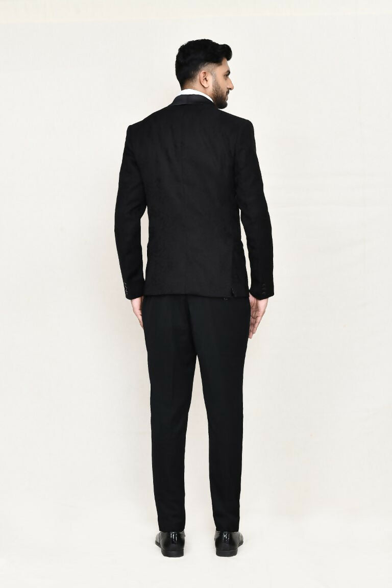 Black Satin Silk Coat Suit Set with Shirt and Bow Tie