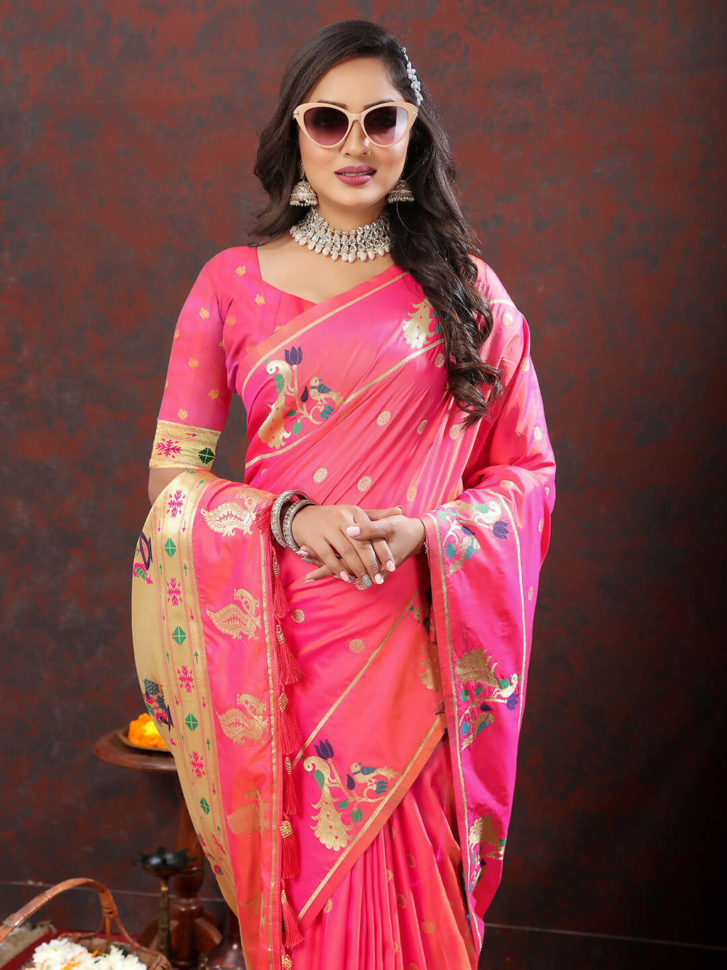 Pink Soft Paithani Silk Saree with Gold Zari Meenakari Weaving