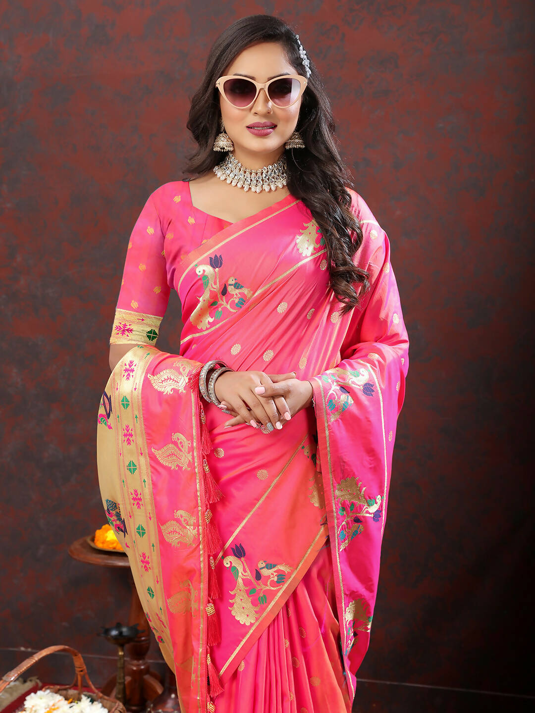 Pink Soft Paithani Silk Saree with Gold Zari Meenakari Weaving