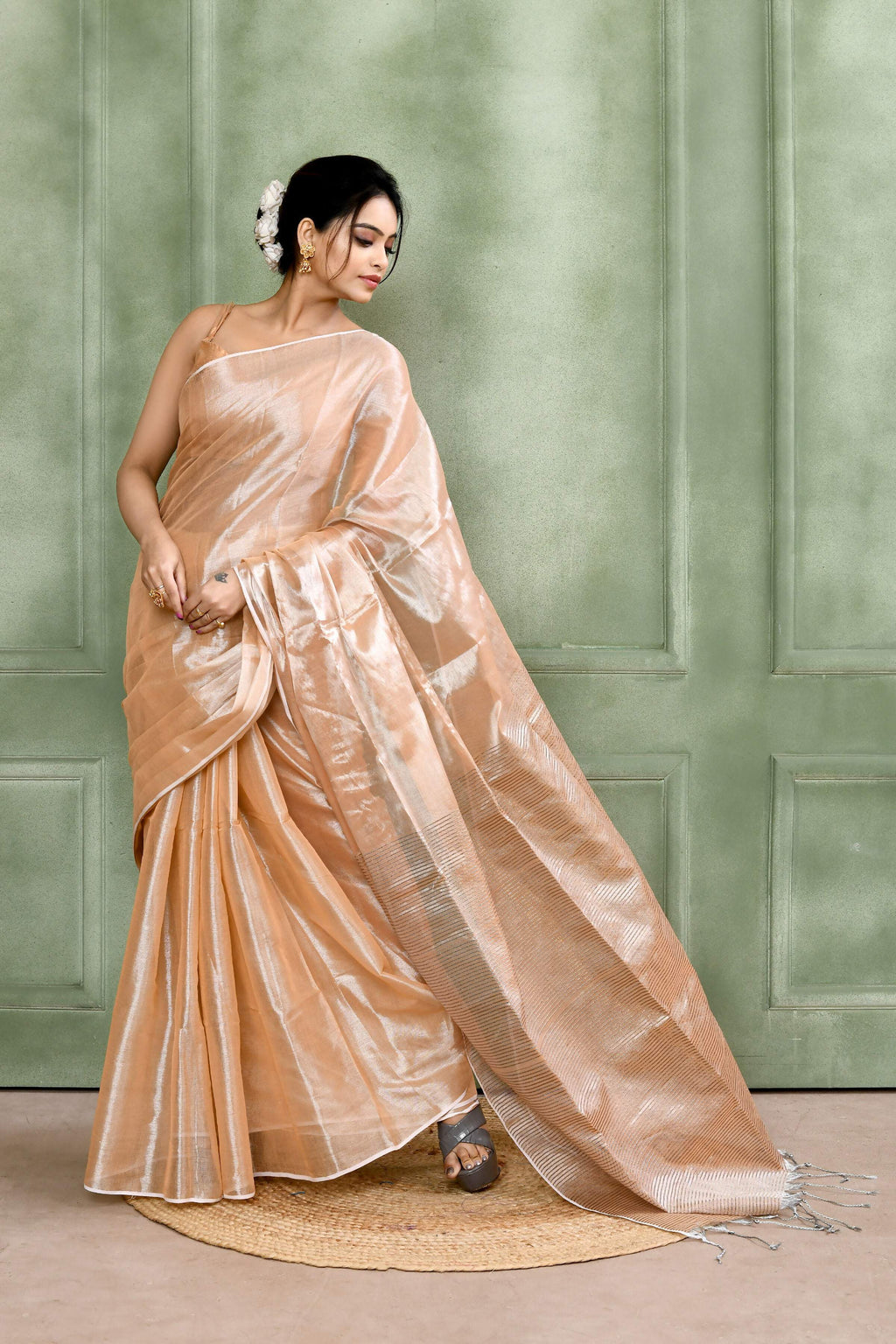 Beige Dual Tone Organic Tissue Saree with Matching Blouse Piece