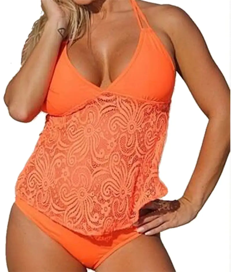 Women's Lace Overlay Halter Tankini Set Swimsuit - Image 14
