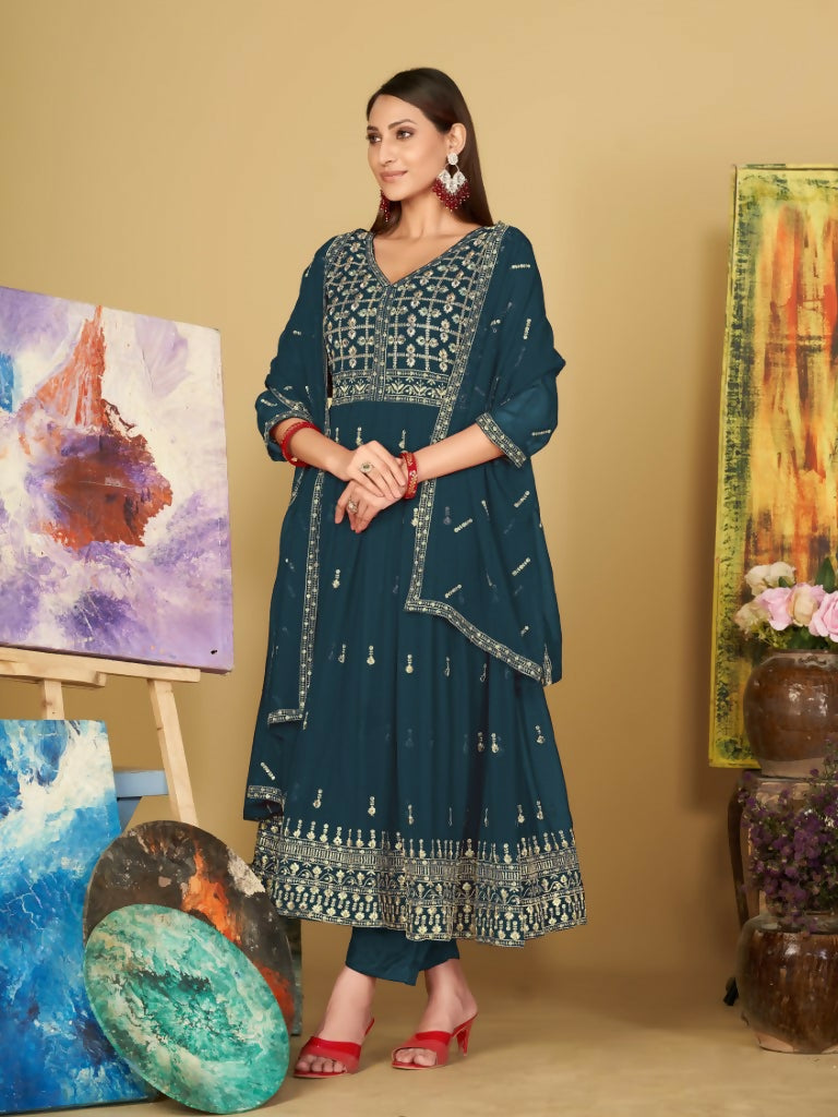 Rama blue georgette embroidered floor-length Anarkali kurta set with matching dupatta