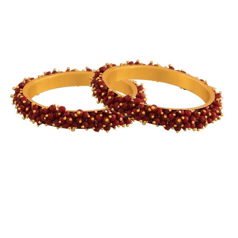 Gold-Polished Brass Bangle Set with Rich Maroon Bead Detailing