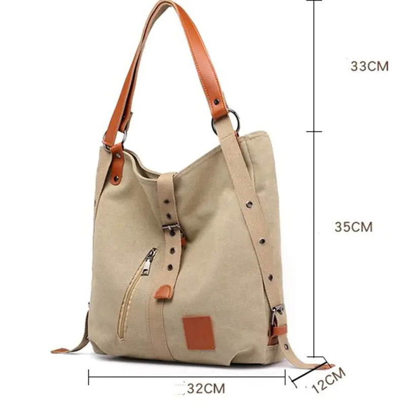 Women's Canvas Shoulder Tote Bag with Buckle and Zipper Detail - Image 8