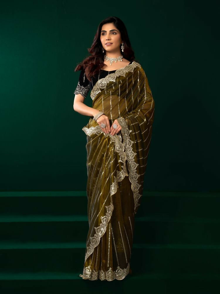 Mehendi Green Net Party Wear Saree with Velvet Blouse