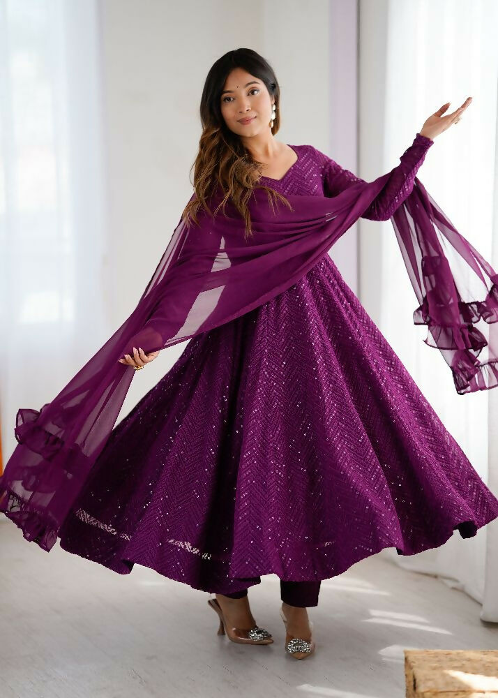 Wine Kurta Set in Georgette with Elegant Sequence Embroidery Work