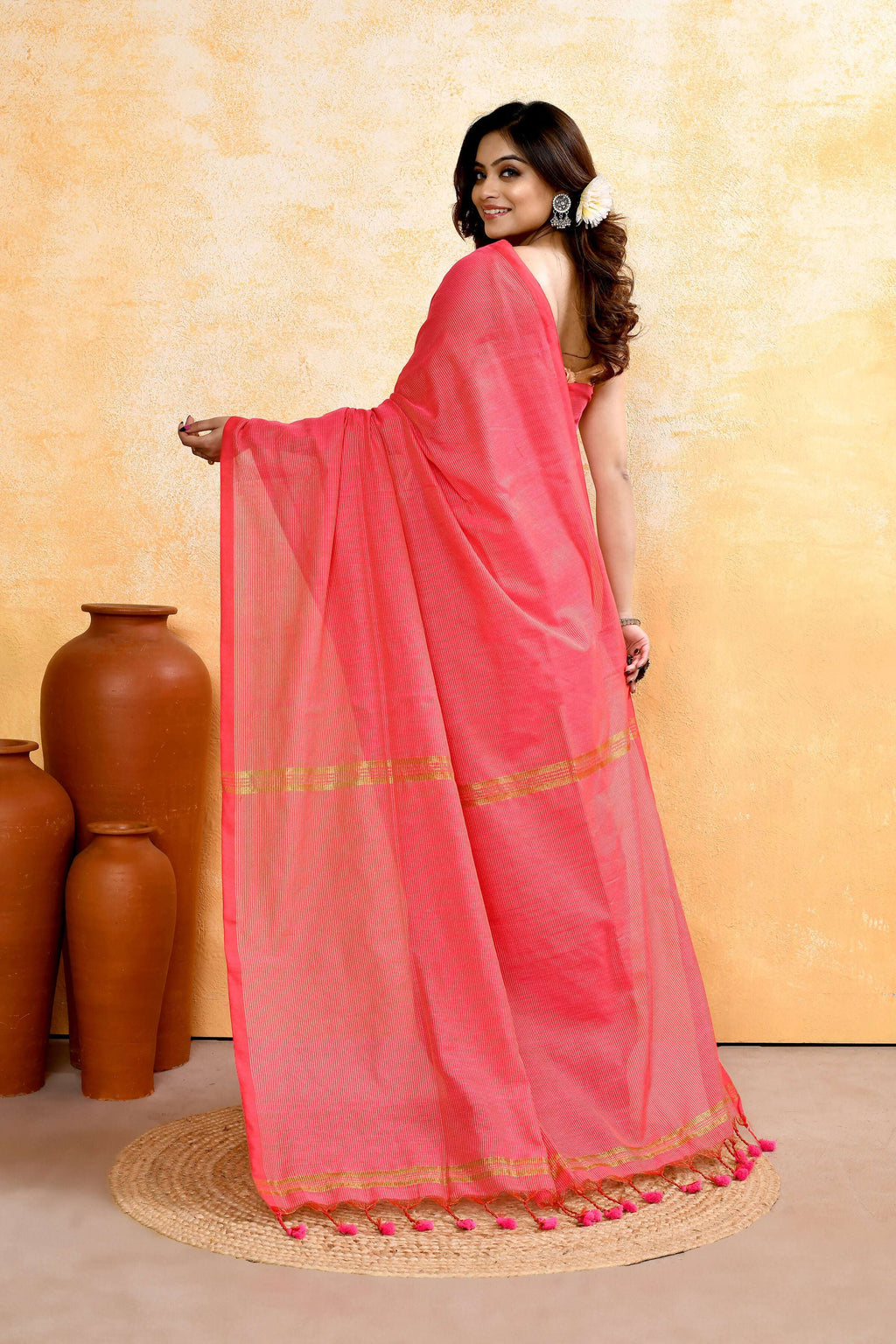 Pink Cotton Blend Handloom Saree with Embellished Zari Check Pattern