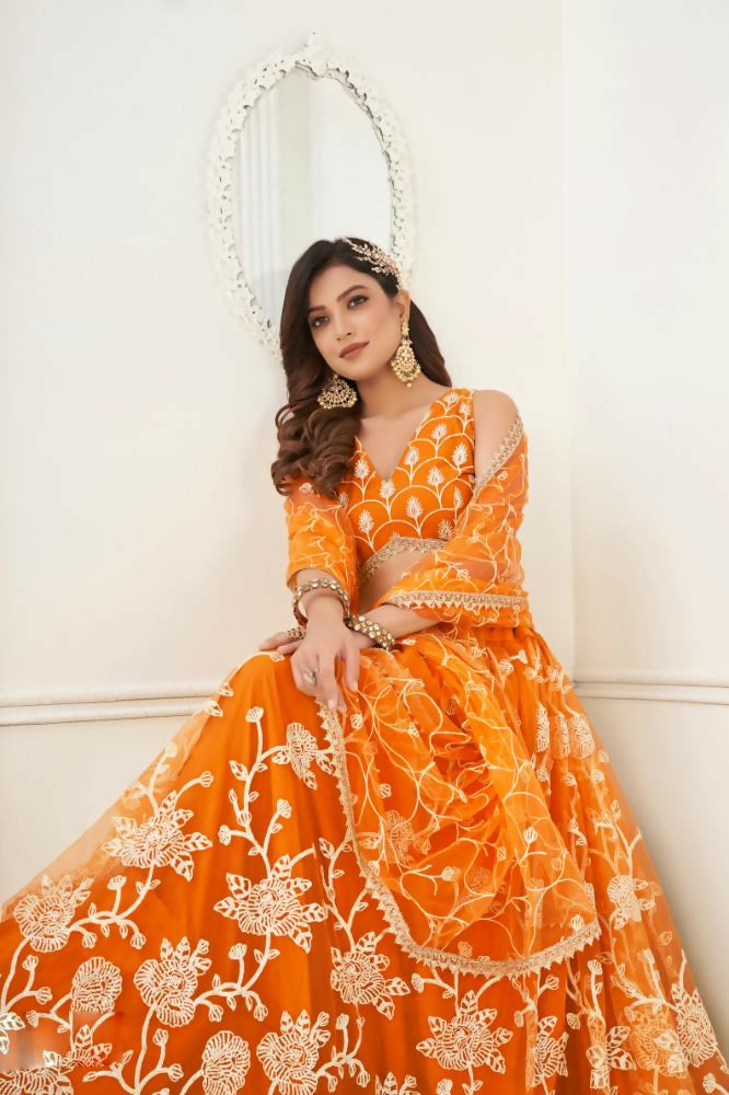 Orange Butterfly Net Lehenga with White Cotton Thread and Sequence Work