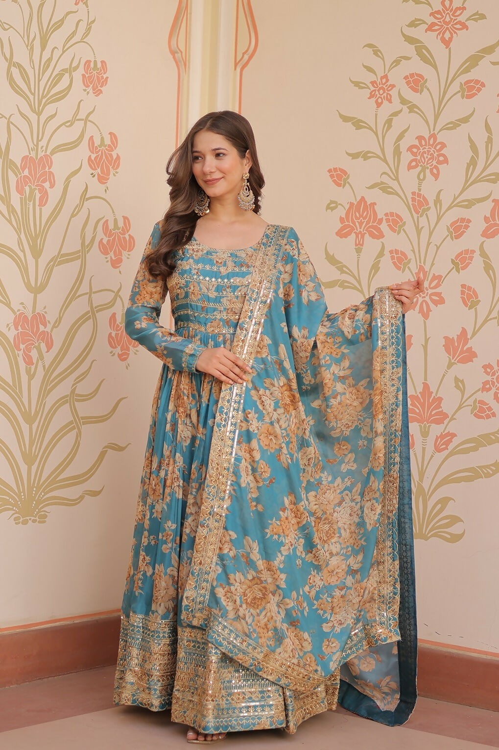 Rama colored silk kurta set featuring intricate sequence embroidery work