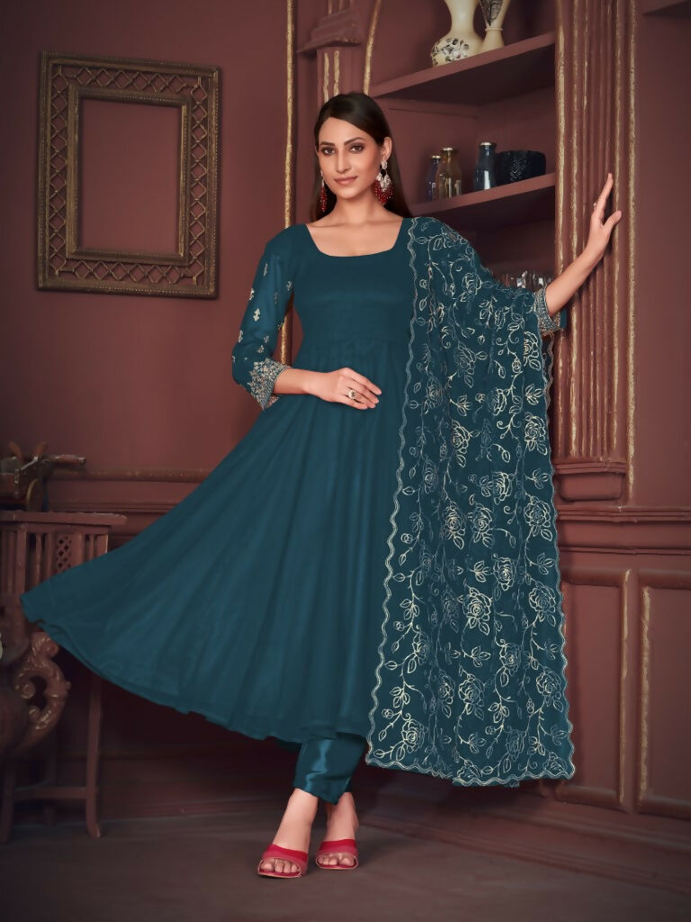 Jyoti Fashion Women's Rama Georgette Embroidered Anarkali Kurta Pant Set With Dupatta