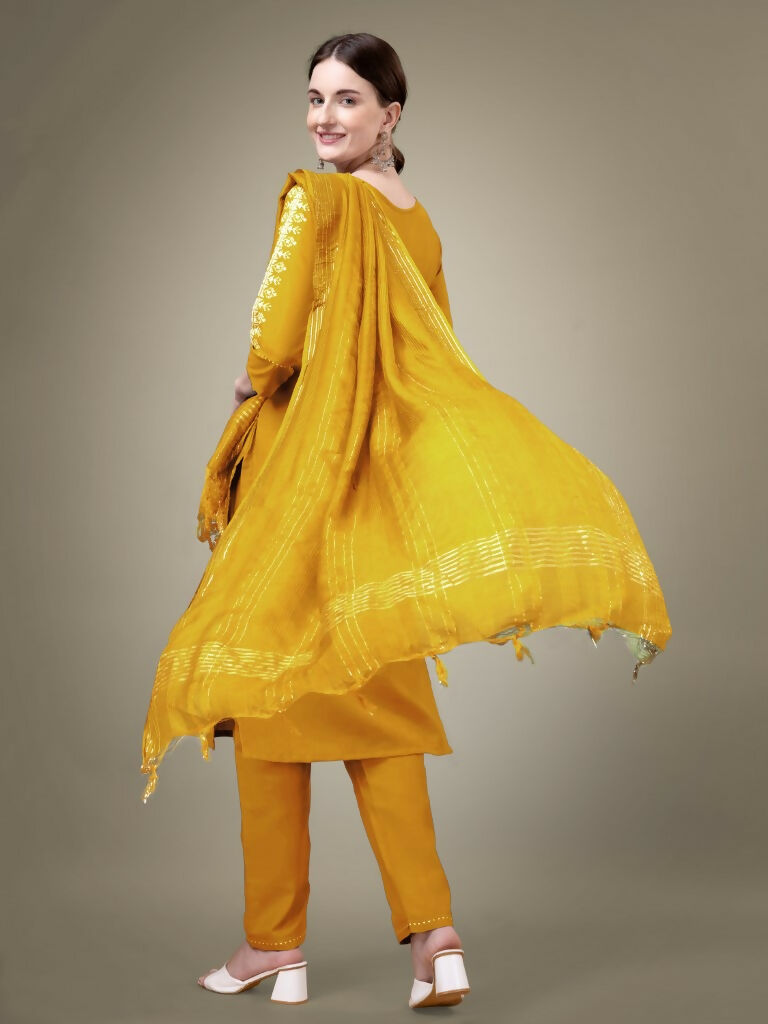 Women's Yellow Cotton Blend Embroidered Straight Kurta Set
