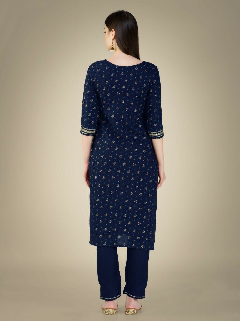 Women's Navy Blue Cotton Magic Slub Kurta Set with Sequence