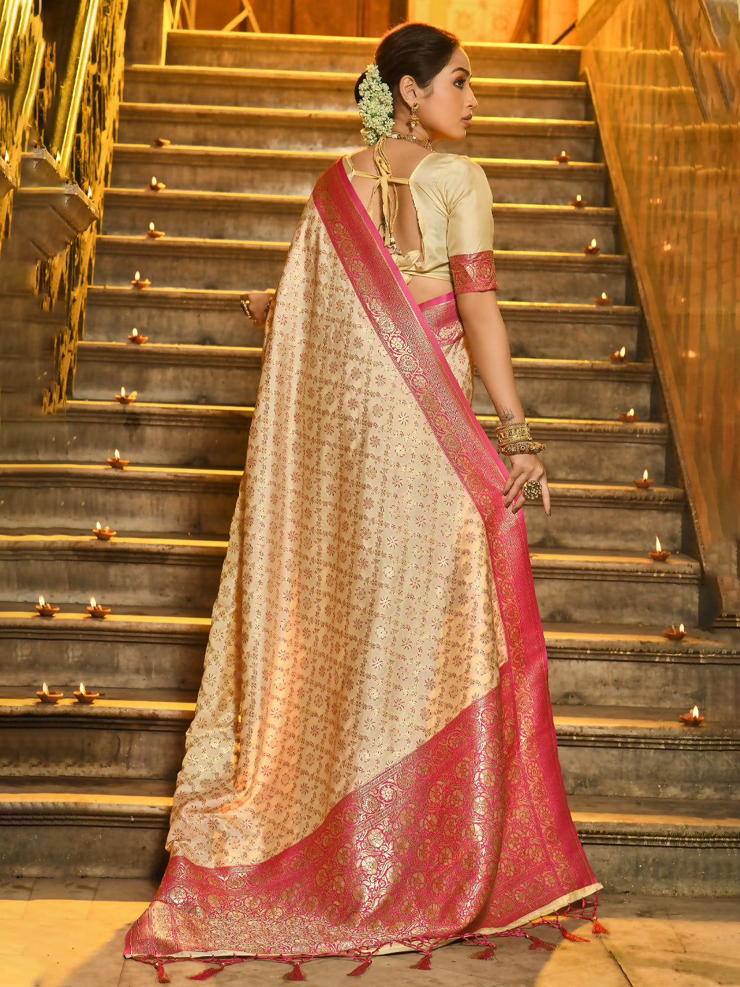 Pink Banarasi Silk Saree with Matching Blouse Piece