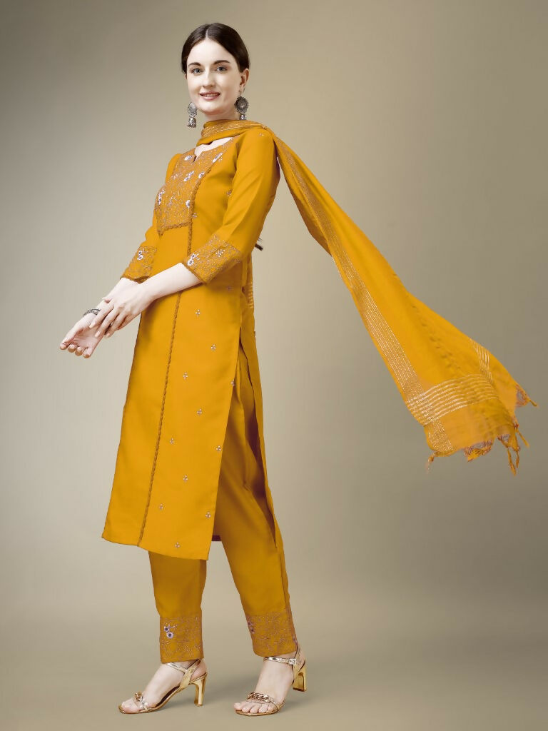 Women's Yellow Embroidered Cotton Blend Straight Kurta Set