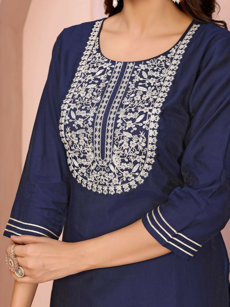 Women Navy Blue Roman Embroidery Stitched Kurta Set