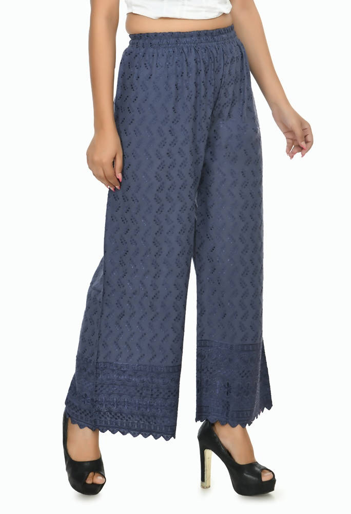 Grey rayon cotton palazzo pants with elegant Chikankari work