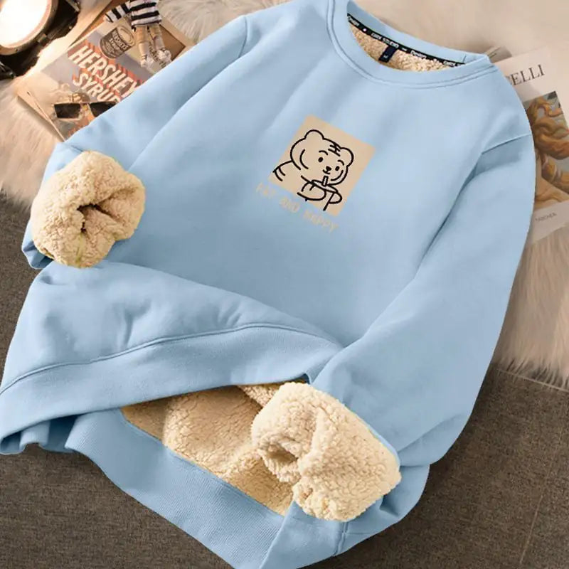 Women's Cream Fleece Lined Graphic Sweater with Cute Bear Print - Image 26
