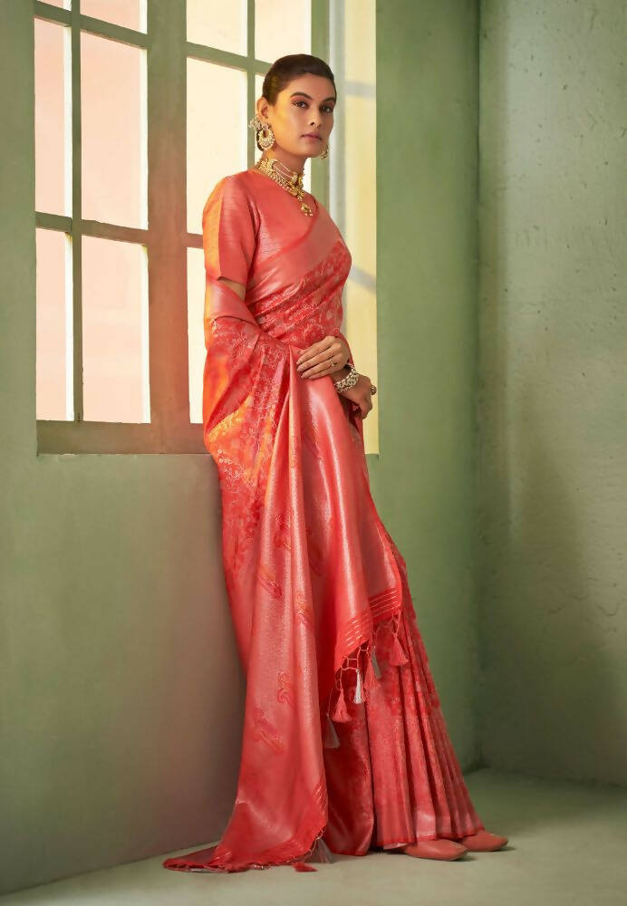 Tomato Red Kanjivaram Silk Saree with Traditional Weaving Work