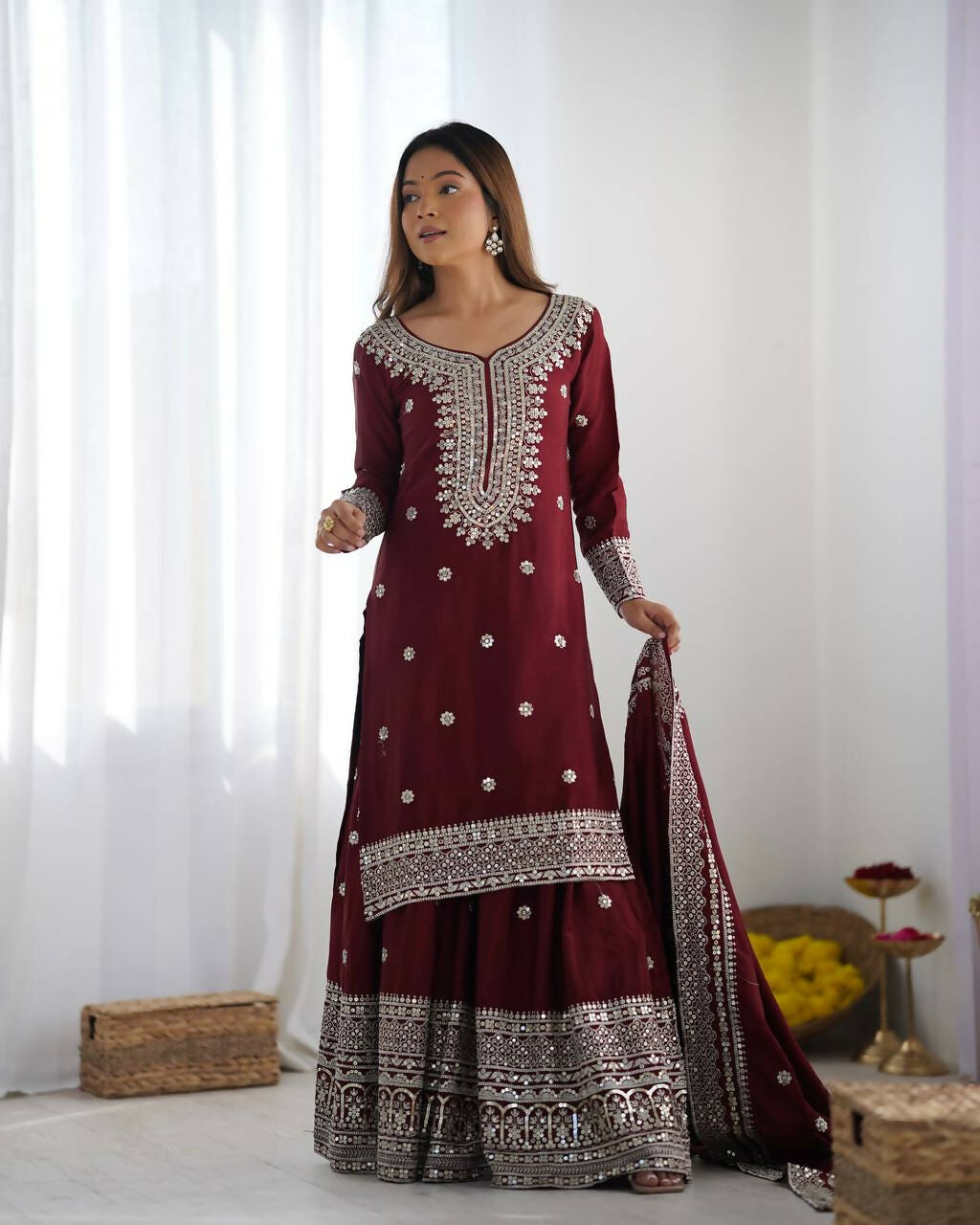 Maroon Silk Kurta Set with Sequins, Zari, and Thread Embroidery