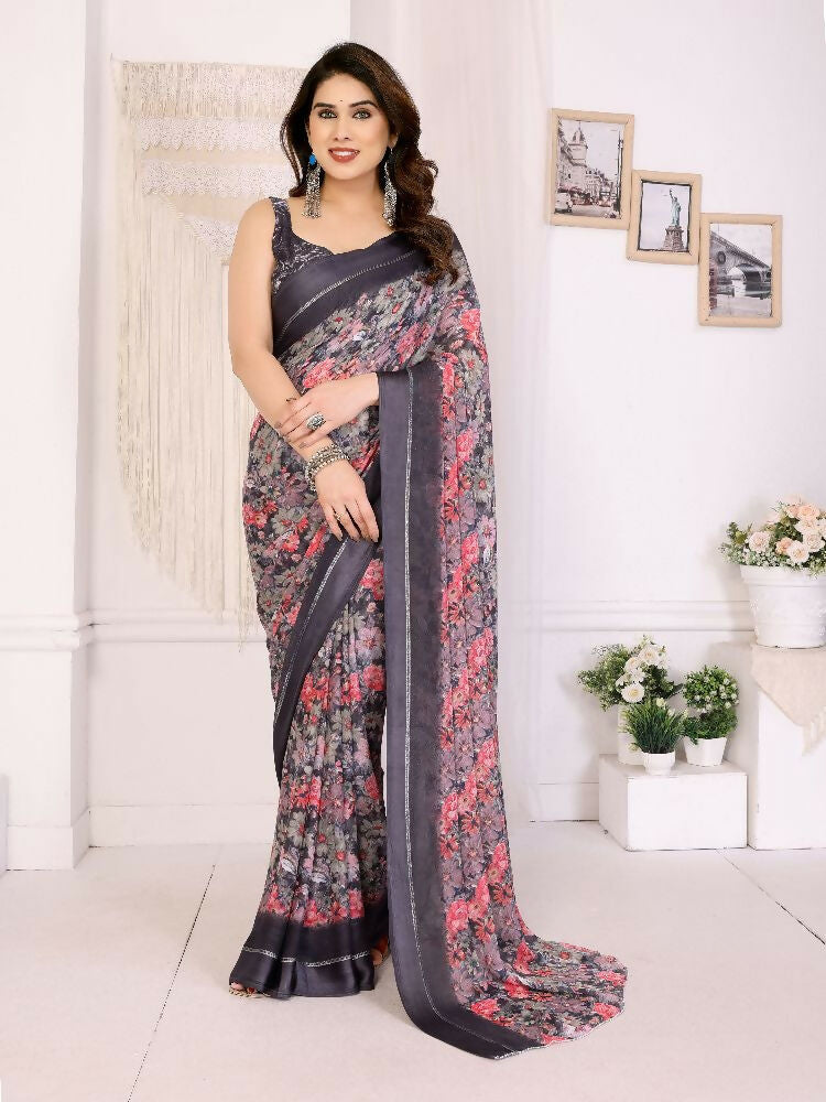 Black Bright Moss Satin Patta Printed Saree