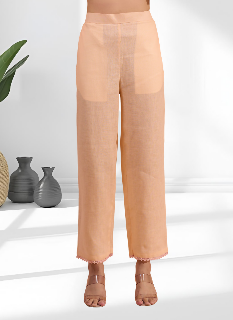 Coral Linen Embroidered V-Neck Long Kurta Set with Pant
