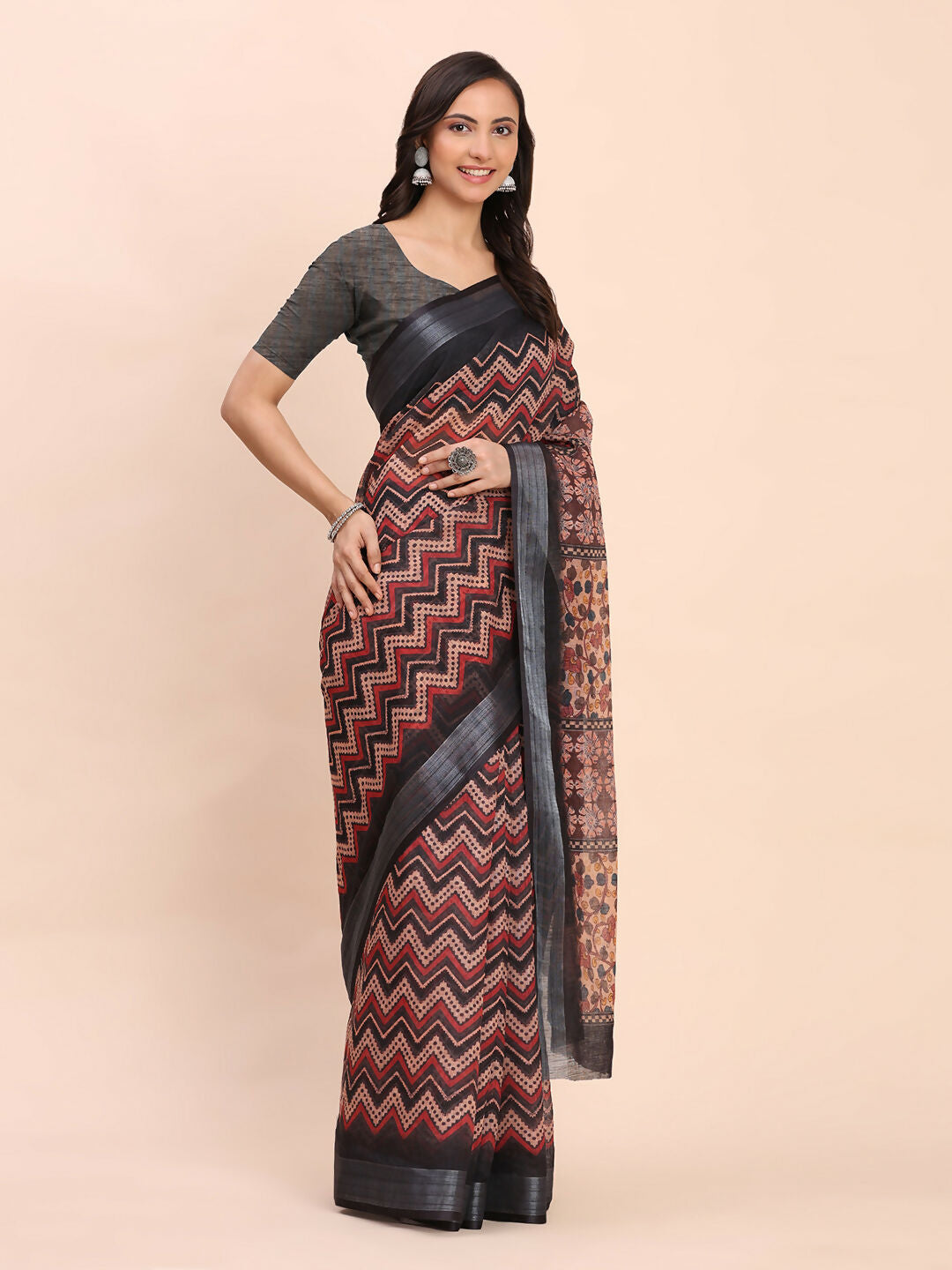 Black Linen Cotton Saree with Matching Blouse Piece