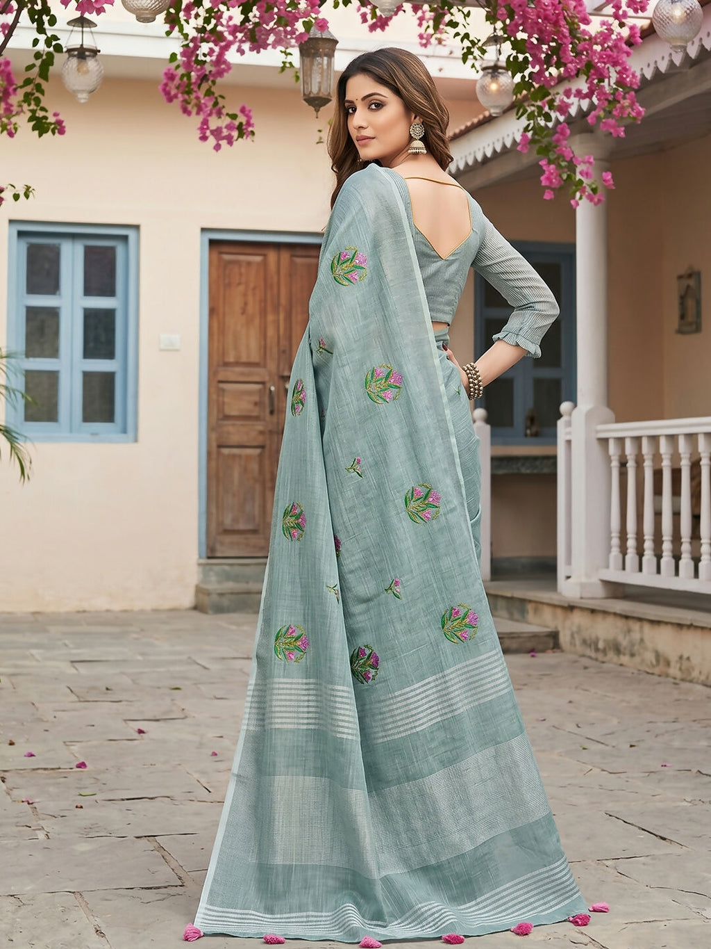 Sea Green Linen Saree with Matching Blouse Piece