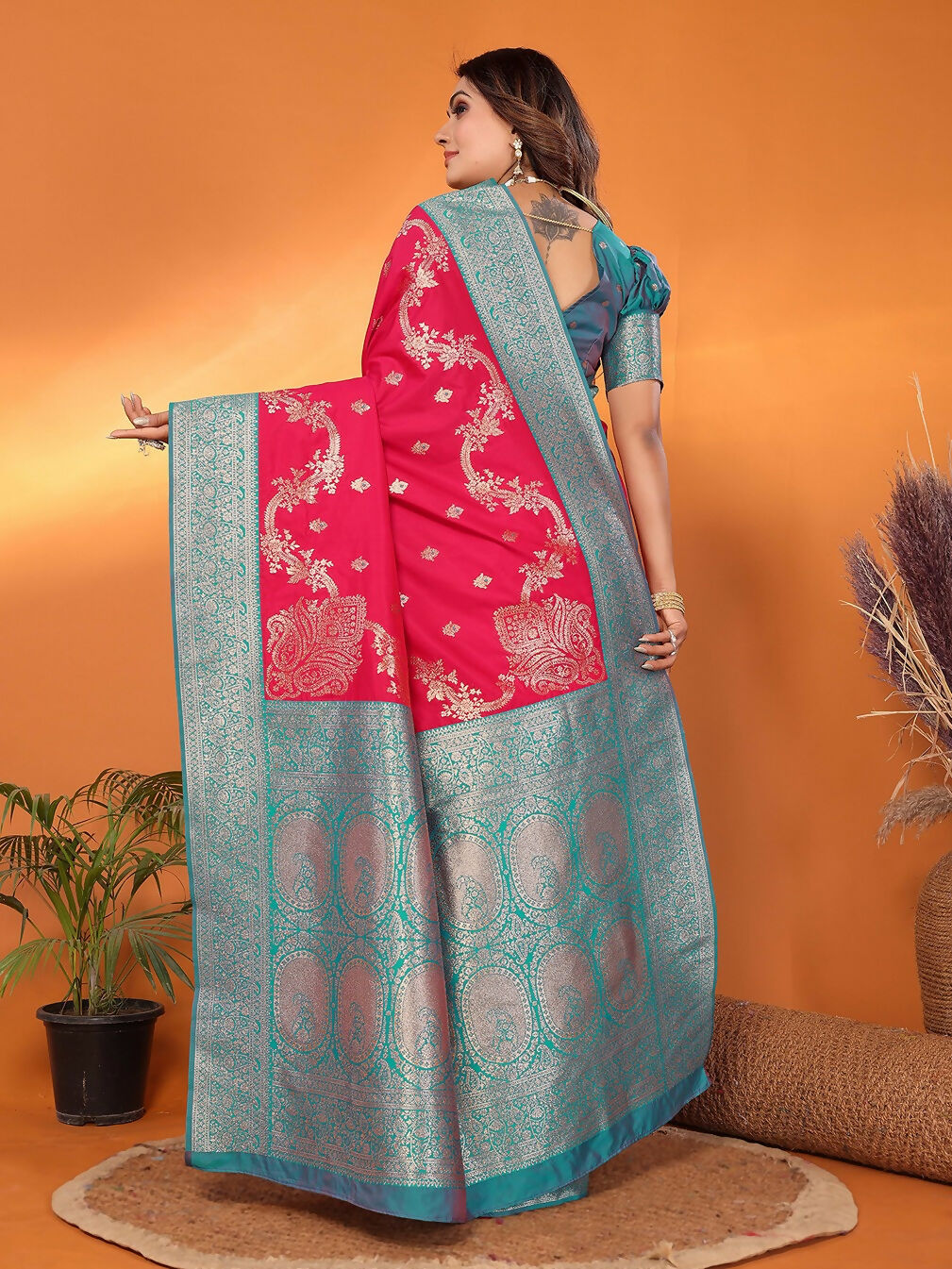 Red Banarasi Soft Silk Saree with Woven Details