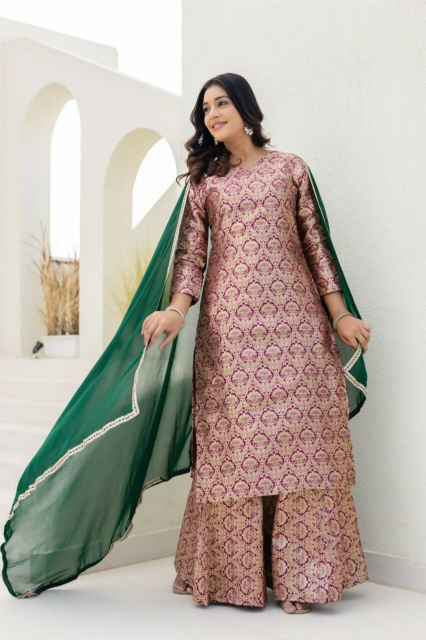 Peach Jacquard Embroidered Sharara Set with Classic Appeal