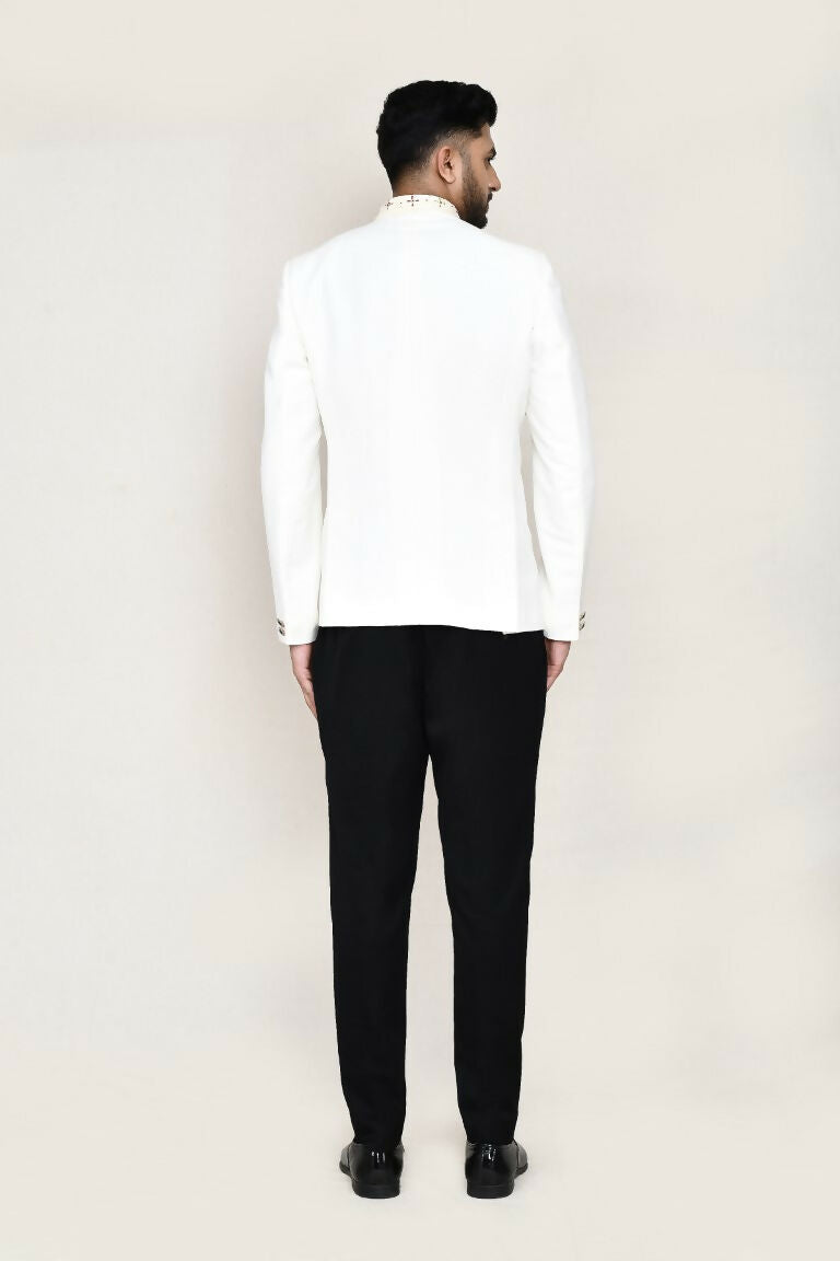 White Cotton Linen Prince Coat with Pocket Square and Pant