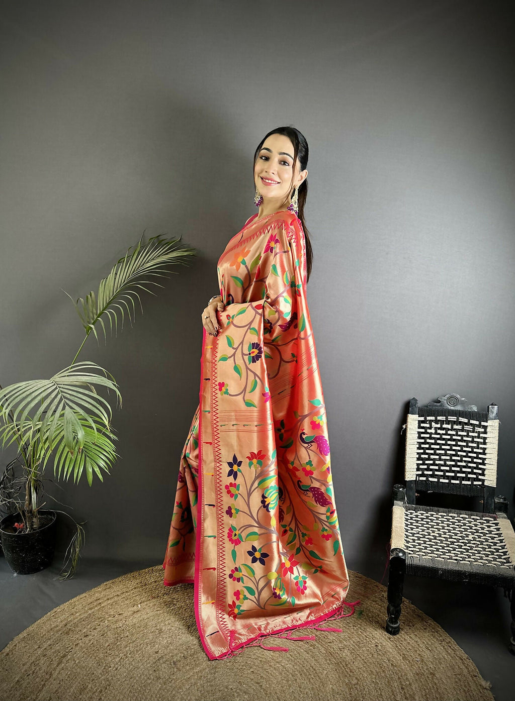 Reddish Pink Peacock and Floral Soft Silk Paithani Saree