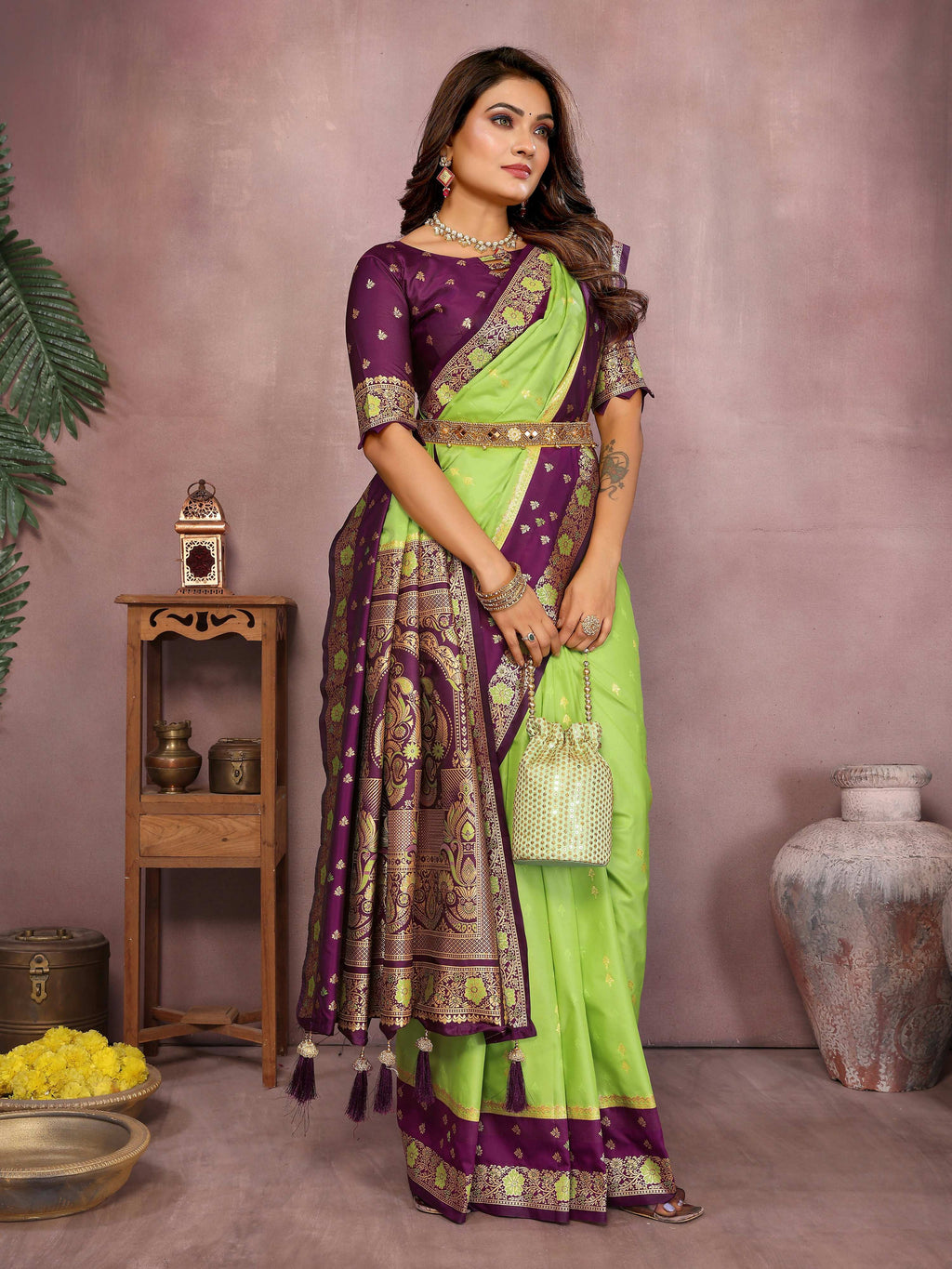 Parrot Green Kalamkari Silk Saree with Zari Woven Border