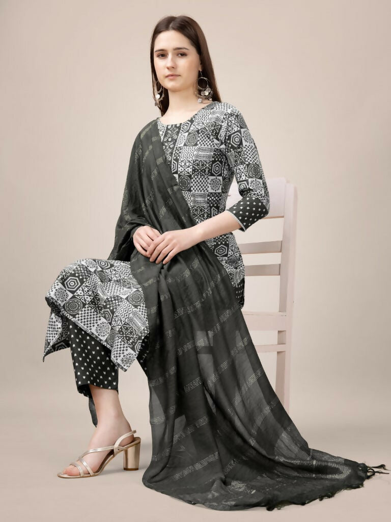 Women's Black Rayon Printed Kurta Set with Embroidery & Lace