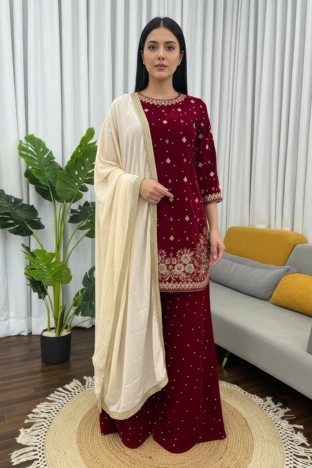 Joban Fashion Deep Maroon Velvet Embroidery Kurta Set