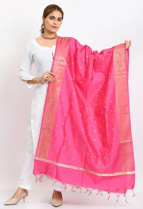 A vibrant pink Banarsi silk dupatta featuring detailed gold woven patterns.