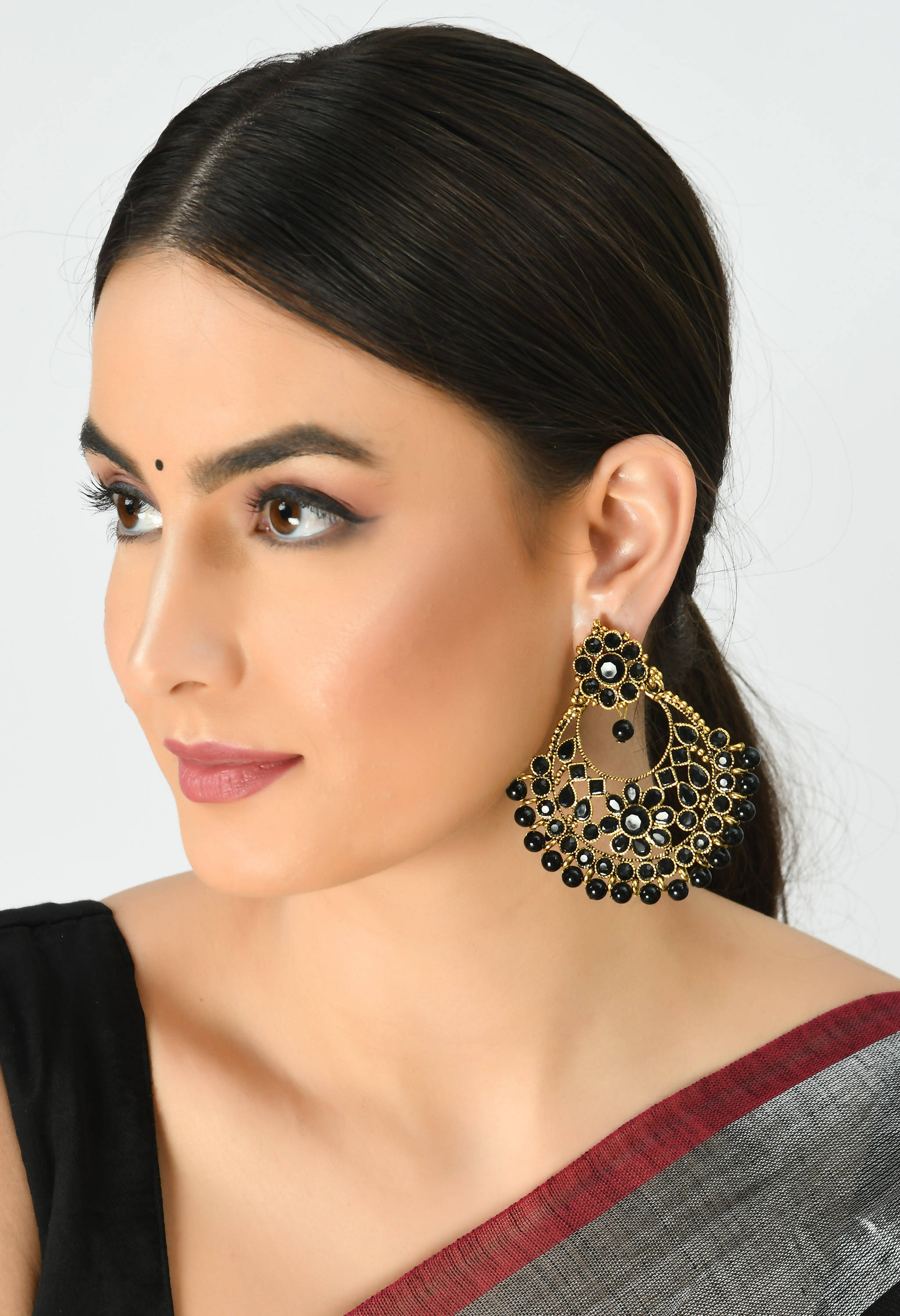 Golden and Black Beaded Dangle Earrings Statement Pieces
