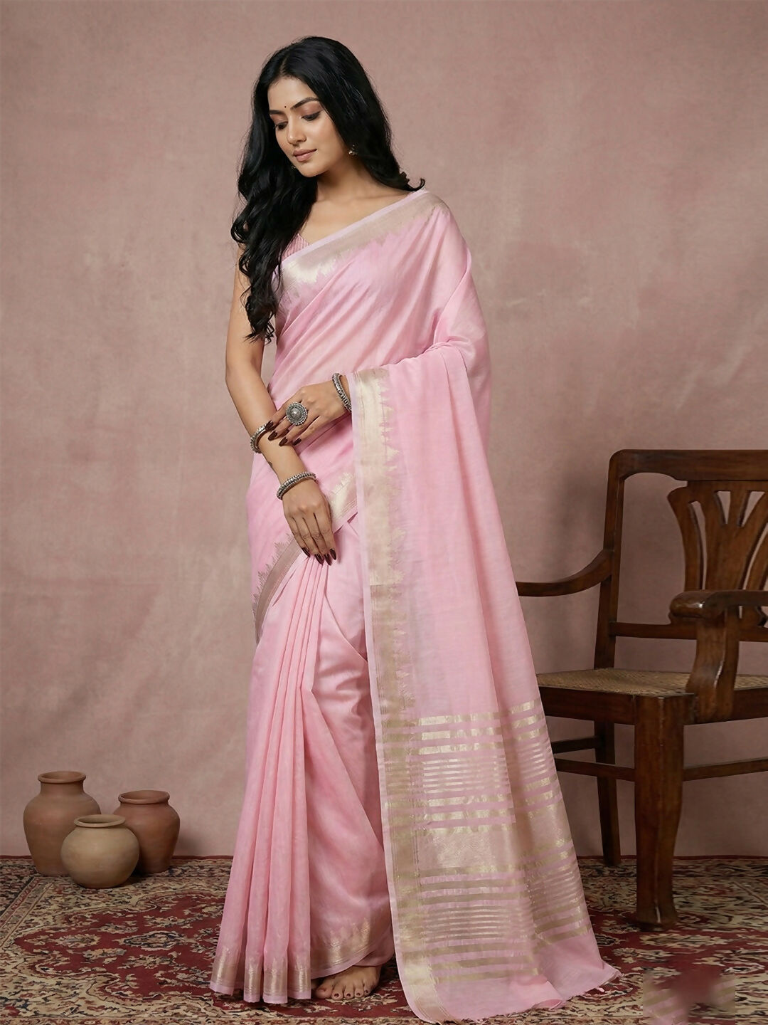 Model wearing a light pink cotton saree with a matching blouse piece
