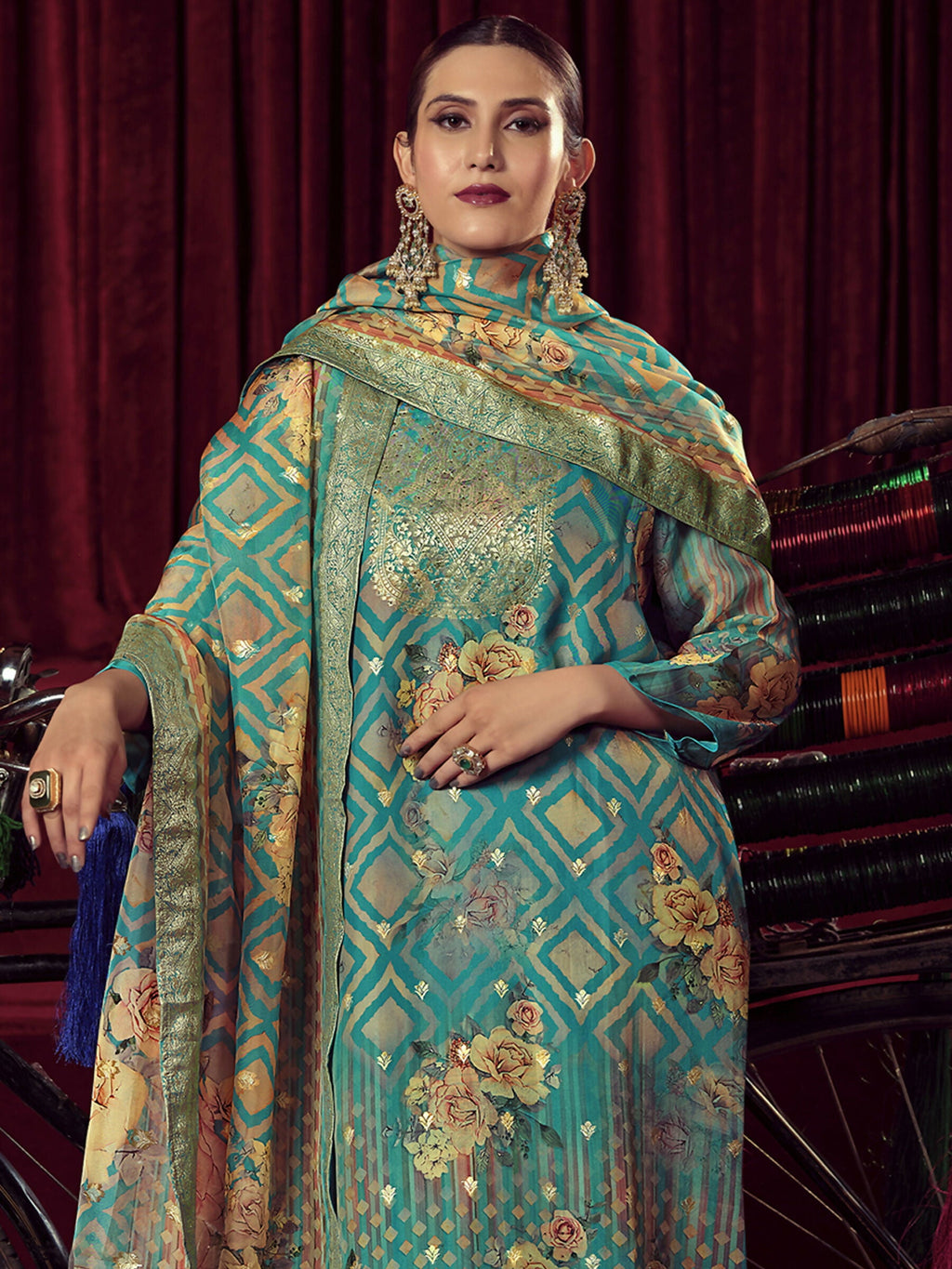 Turquoise Organza Jacquard Woven Kurta Set with Dupatta