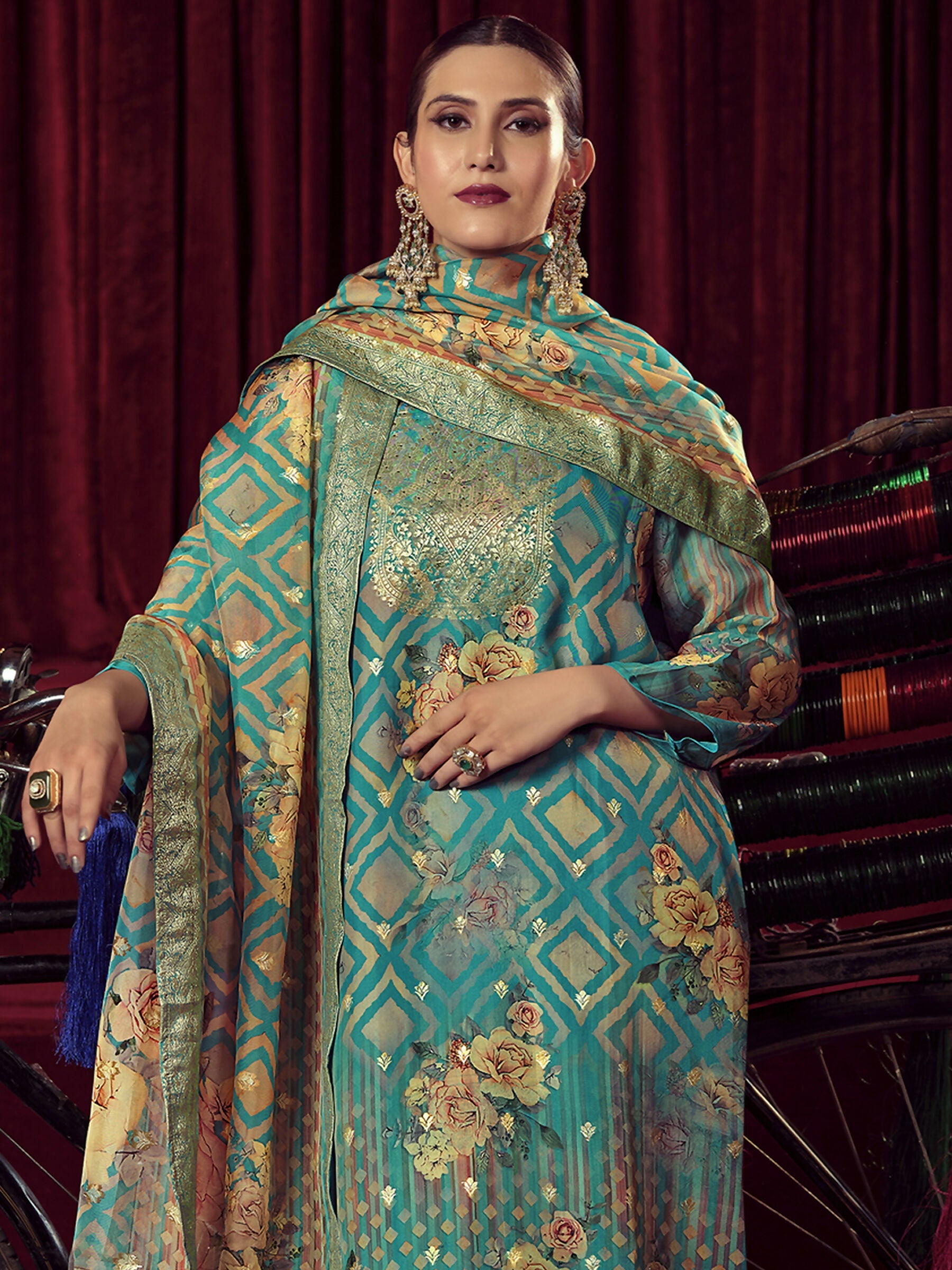 Turquoise Organza Jacquard Woven Kurta Set with Dupatta