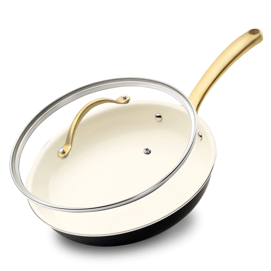 NutriChef 12-Inch Professional Ceramic Frying Pan With Lid - Large Skillet with Golden Titanium Handle Non-Stick Ceramic Coating Stain-Resistant Easy to Clean Ideal for Home Cooking