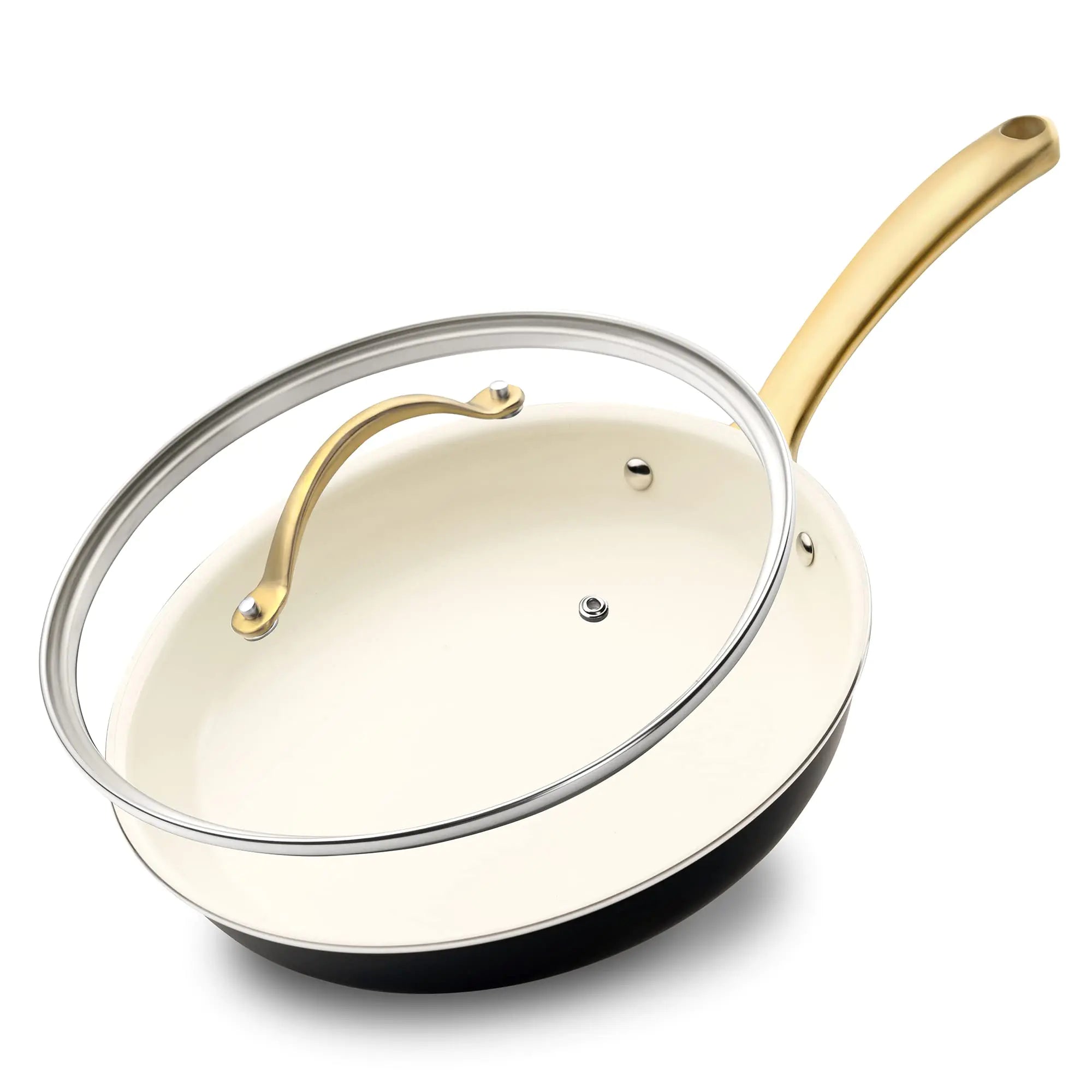 NutriChef 12-Inch Professional Ceramic Frying Pan With Lid - Large Skillet with Golden Titanium Handle Non-Stick Ceramic Coating Stain-Resistant Easy to Clean Ideal for Home Cooking