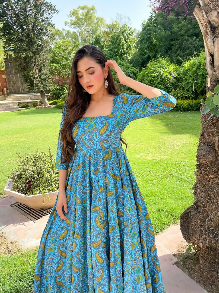 Turquoise Abstract Cotton Silk Anarkali Dress for Women