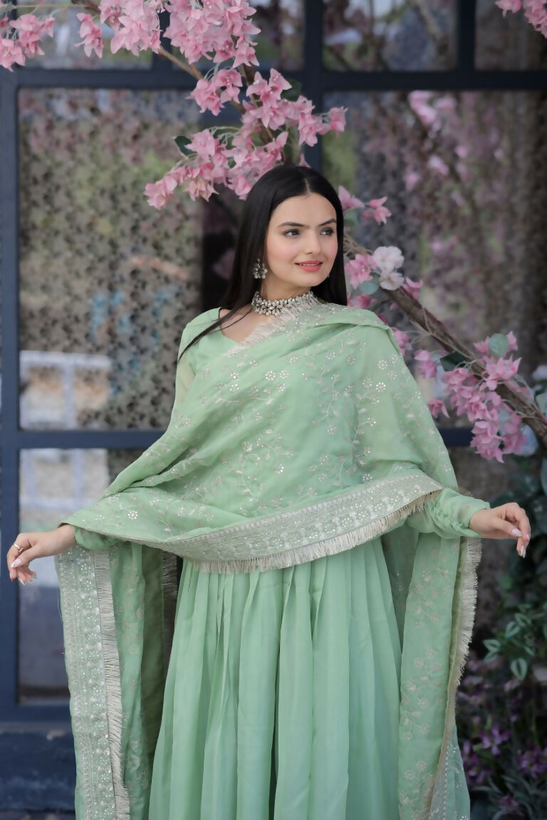 Women's Pista Tabby Silk A-Line Kurta Set with Trouser & Dupatta