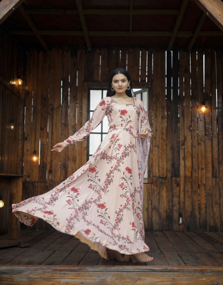Women's Cream Faux Georgette Floral Digital Printed Anarkali Dress