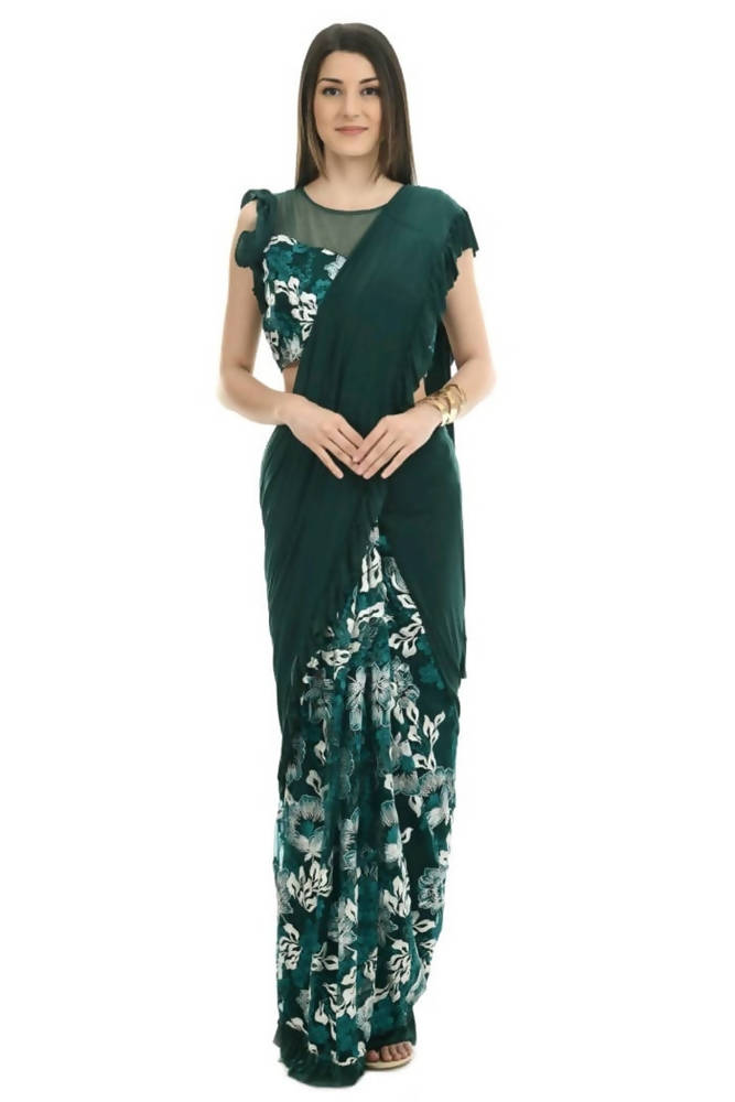 Bottle green and white thread embroidered ruffled ready-to-wear saree with sequence blouse