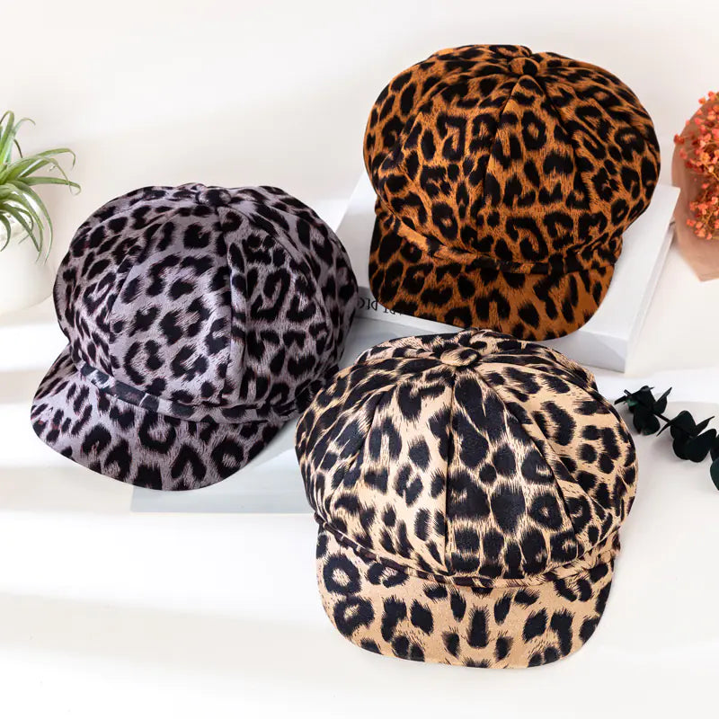 Women's Leopard Print Octagonal Hat Cotton Newsboy Cap - Image 6